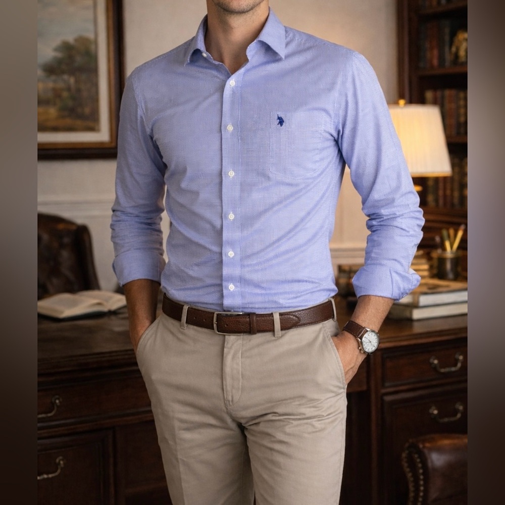 U.S. Polo Assn. Wrinkle-Free Blue Micro-Check Dress Shirt - 15.5 34/35